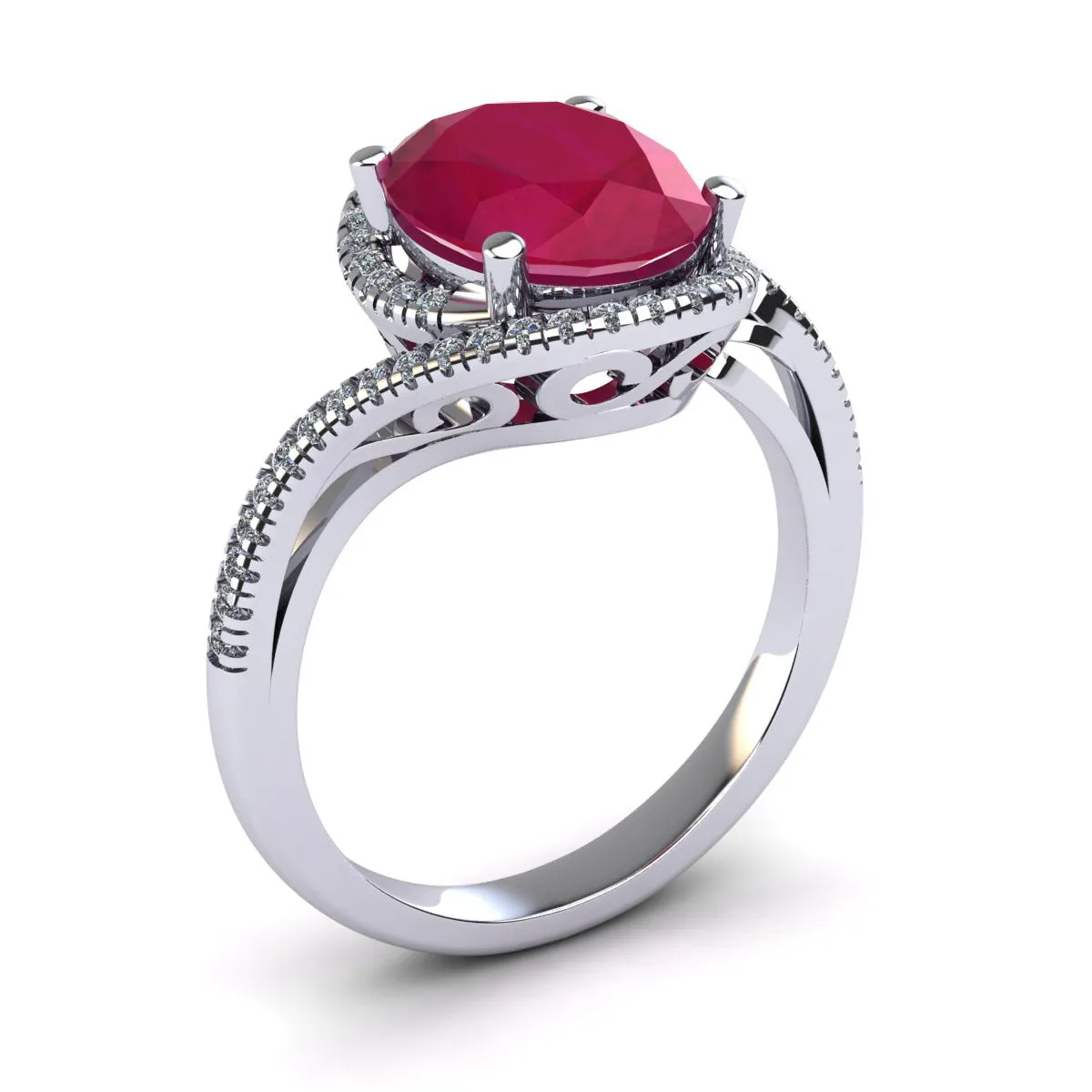 1 3/4 Carat Oval Shape Ruby And Halo Diamond Ring In 14 Karat White Gold