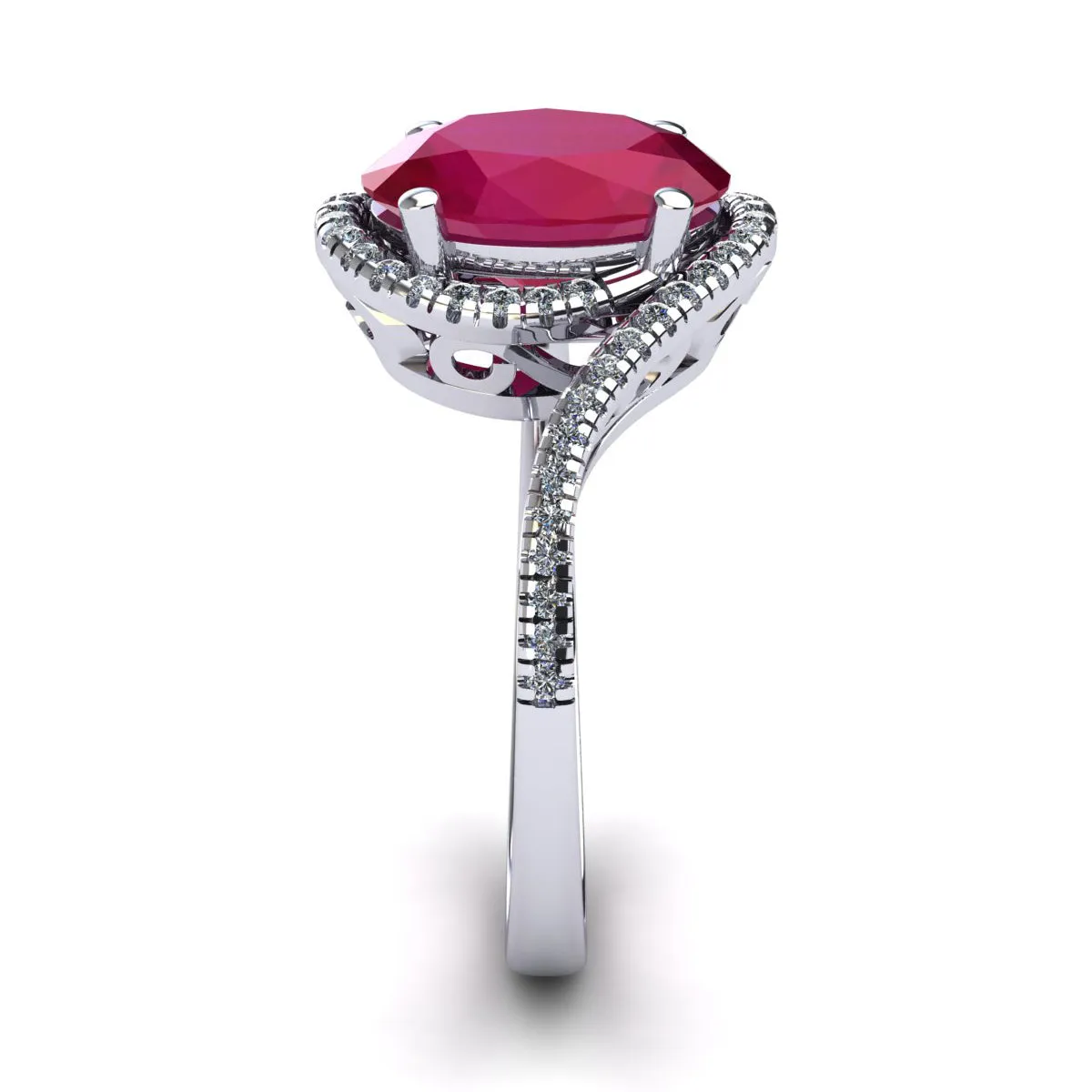 1 3/4 Carat Oval Shape Ruby And Halo Diamond Ring In 14 Karat White Gold