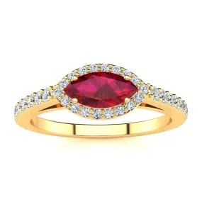 1 Carat Marquise Shape Ruby And Halo Diamond Ring In 14 Karat Yellow Gold