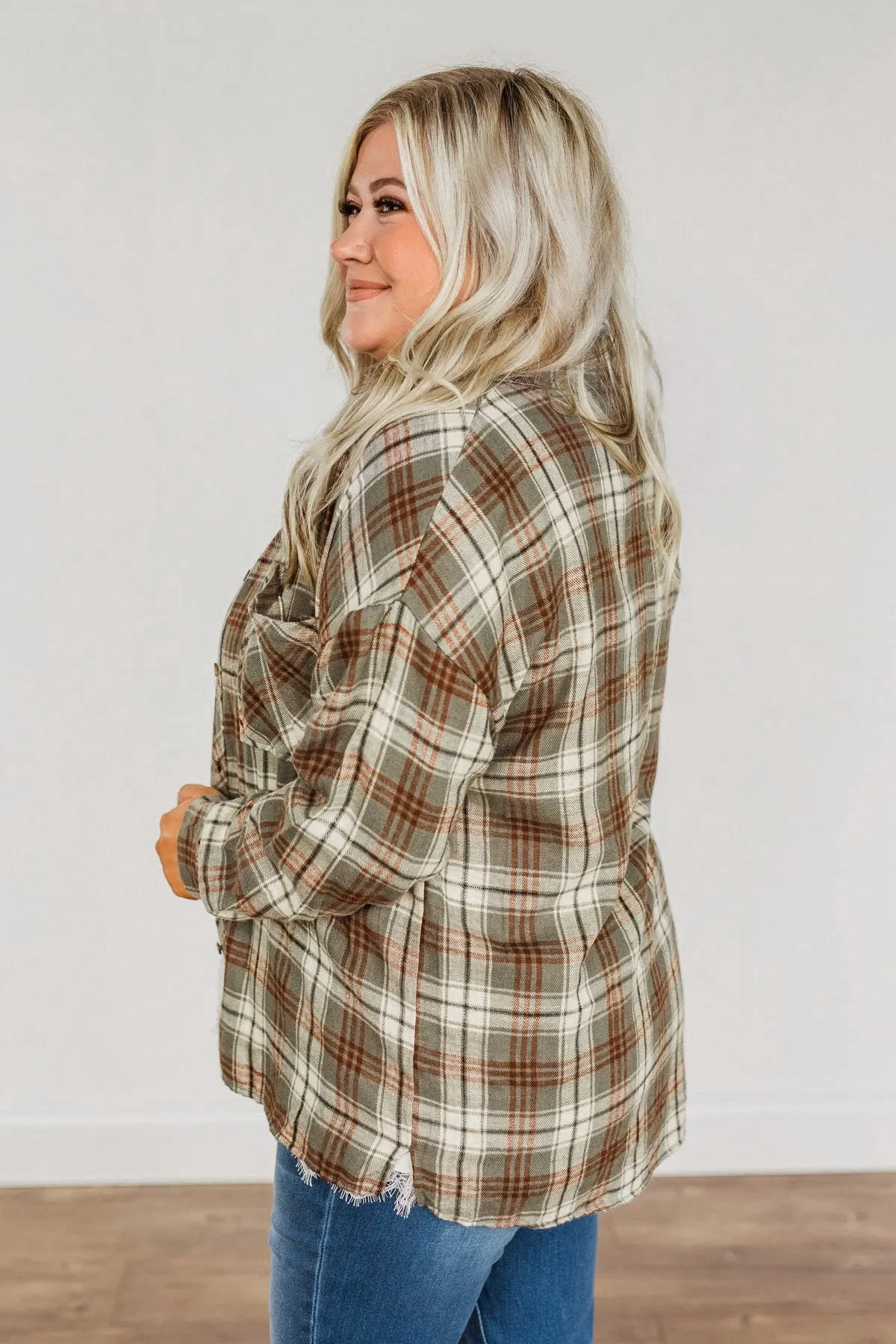 As The Leaves Turn Button Down Plaid Top- Dusty Olive & Rust