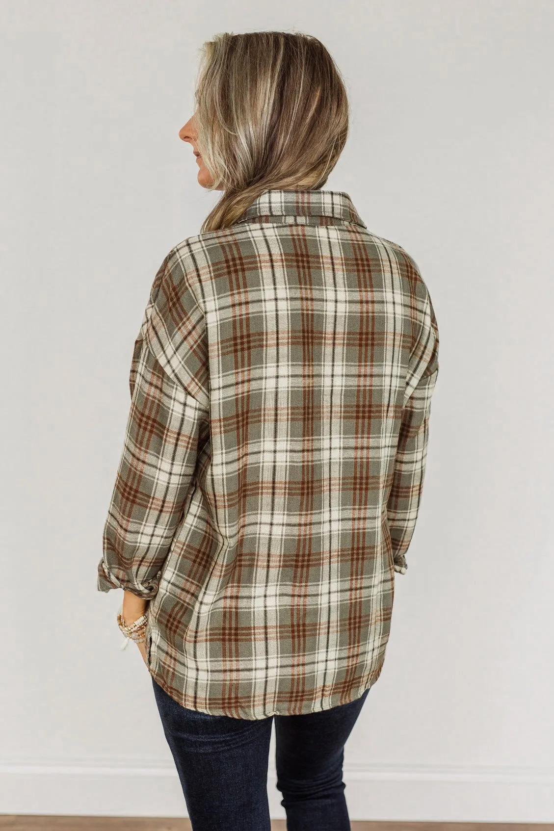 As The Leaves Turn Button Down Plaid Top- Dusty Olive & Rust