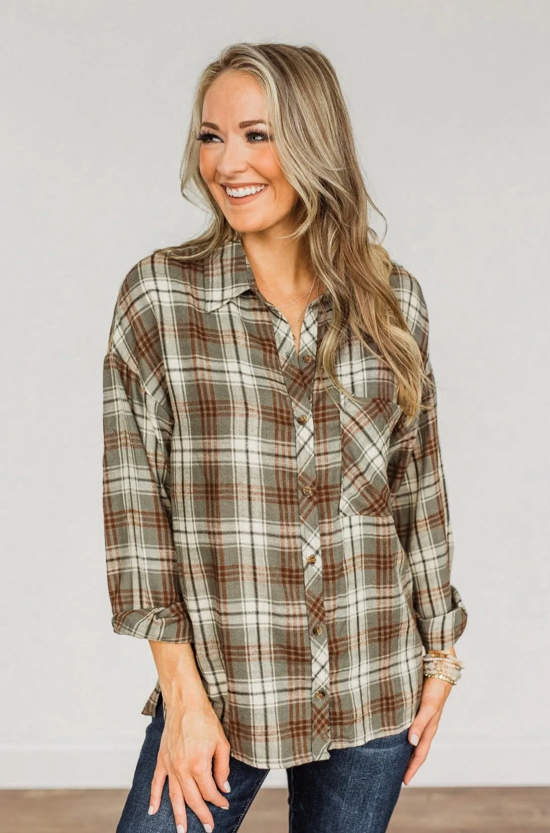 As The Leaves Turn Button Down Plaid Top- Dusty Olive & Rust