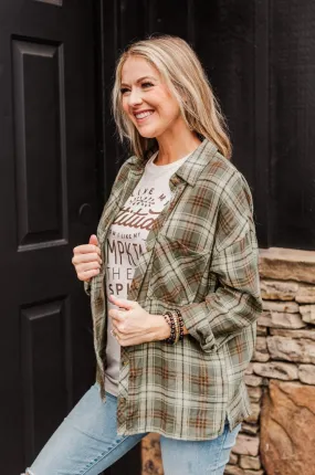 As The Leaves Turn Button Down Plaid Top- Dusty Olive & Rust