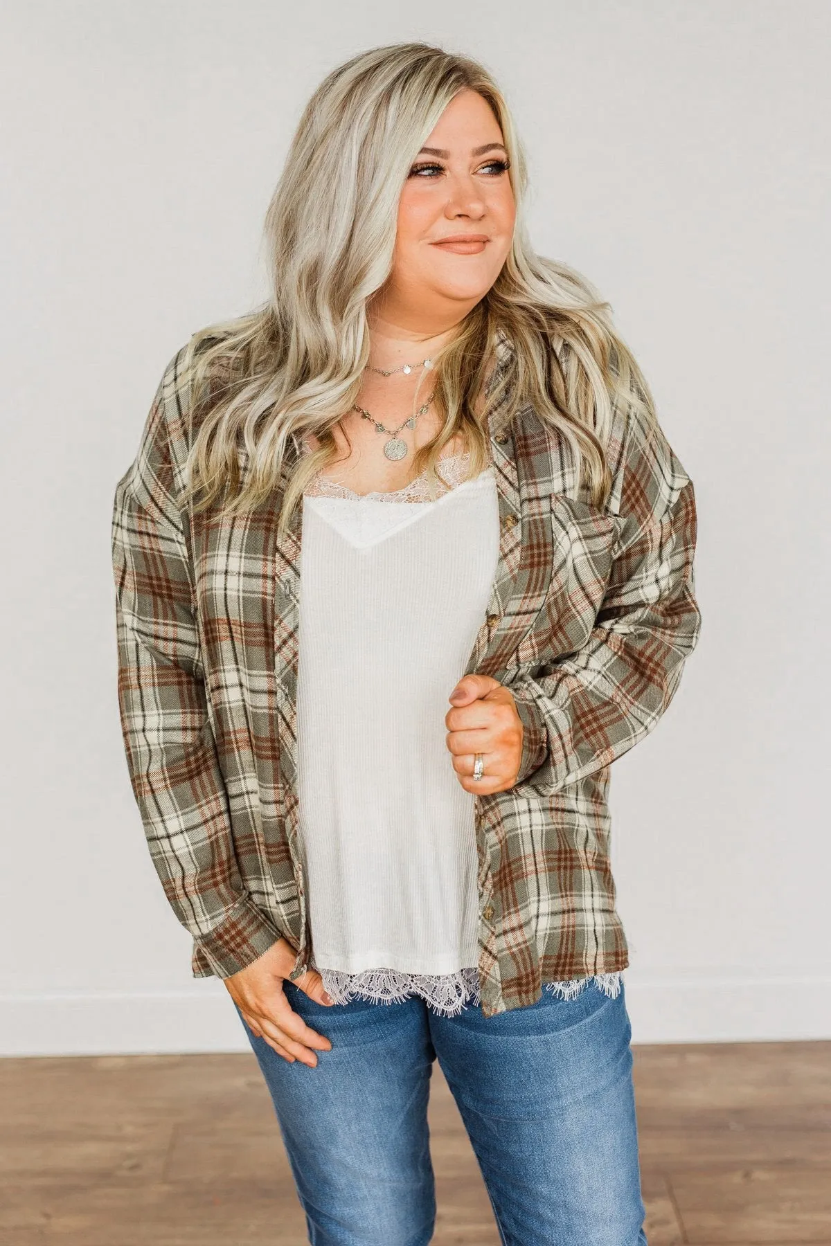 As The Leaves Turn Button Down Plaid Top- Dusty Olive & Rust