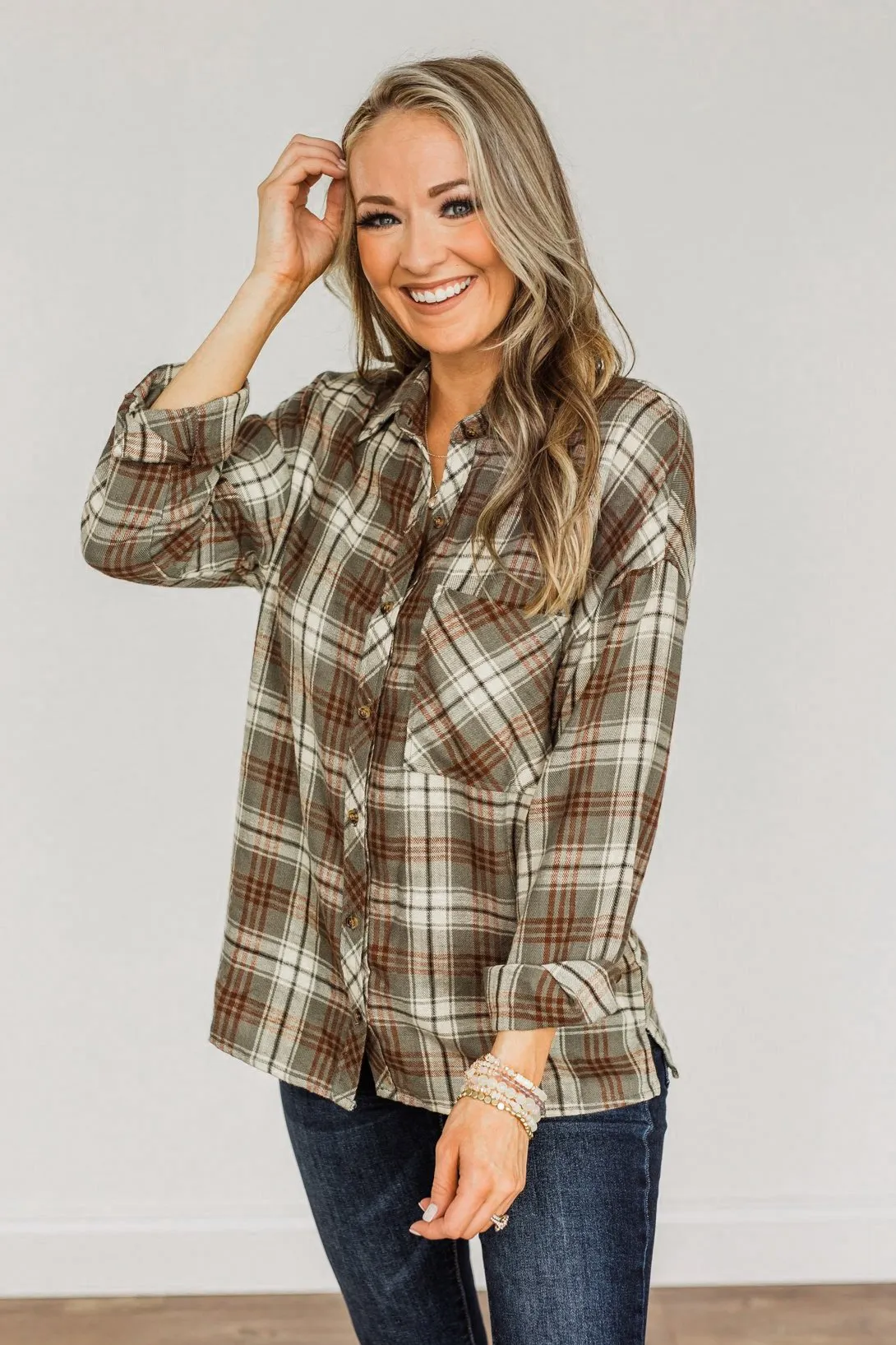 As The Leaves Turn Button Down Plaid Top- Dusty Olive & Rust