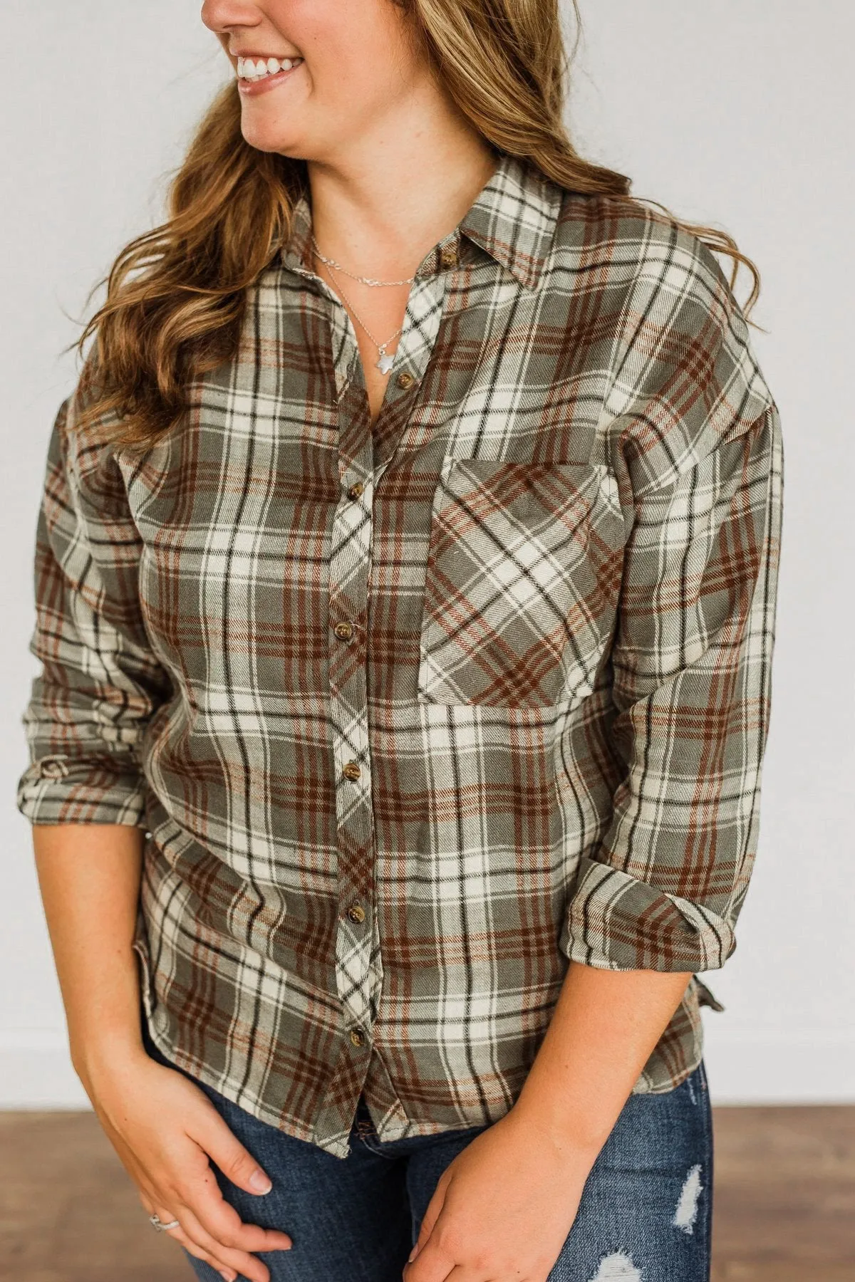 As The Leaves Turn Button Down Plaid Top- Dusty Olive & Rust