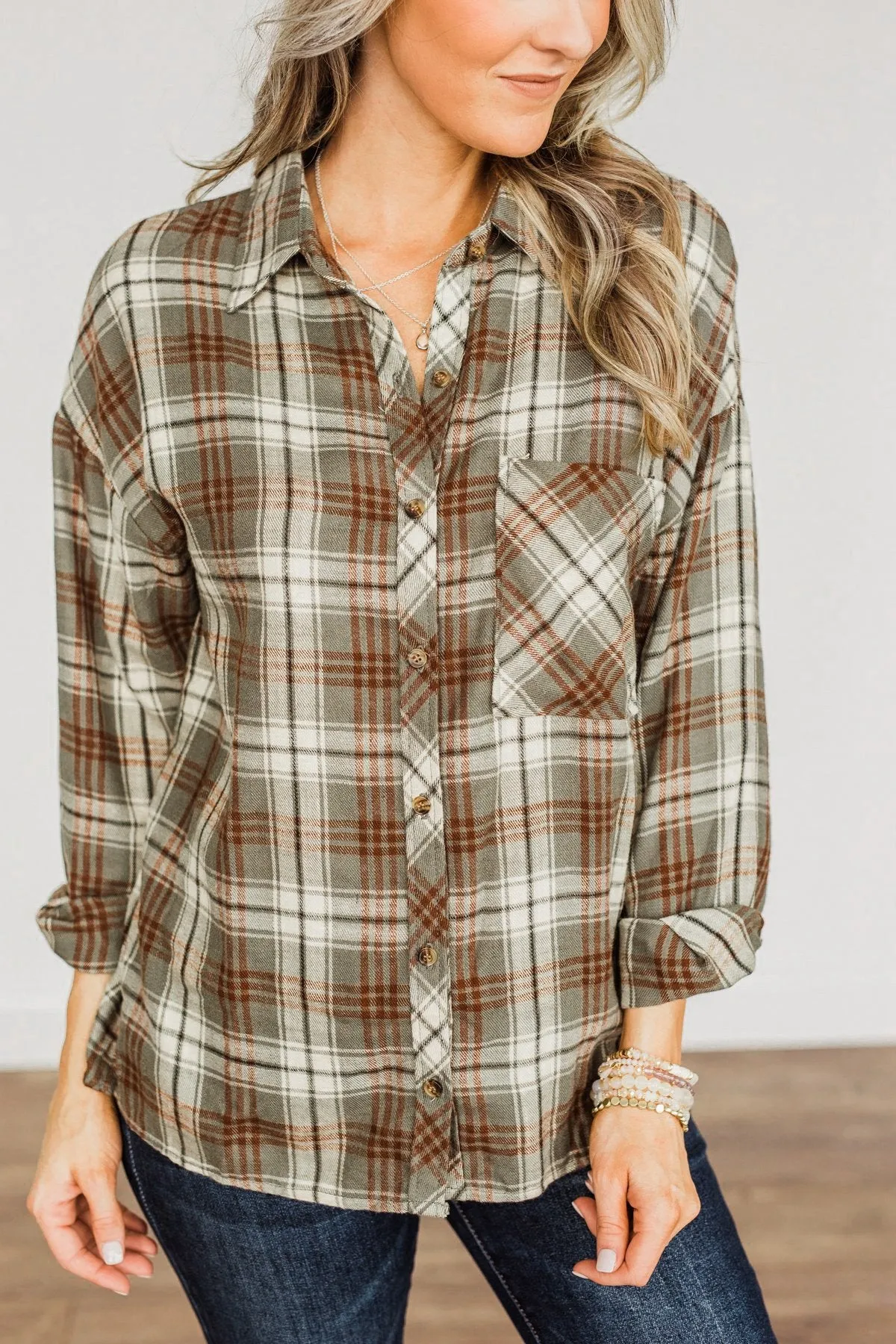 As The Leaves Turn Button Down Plaid Top- Dusty Olive & Rust