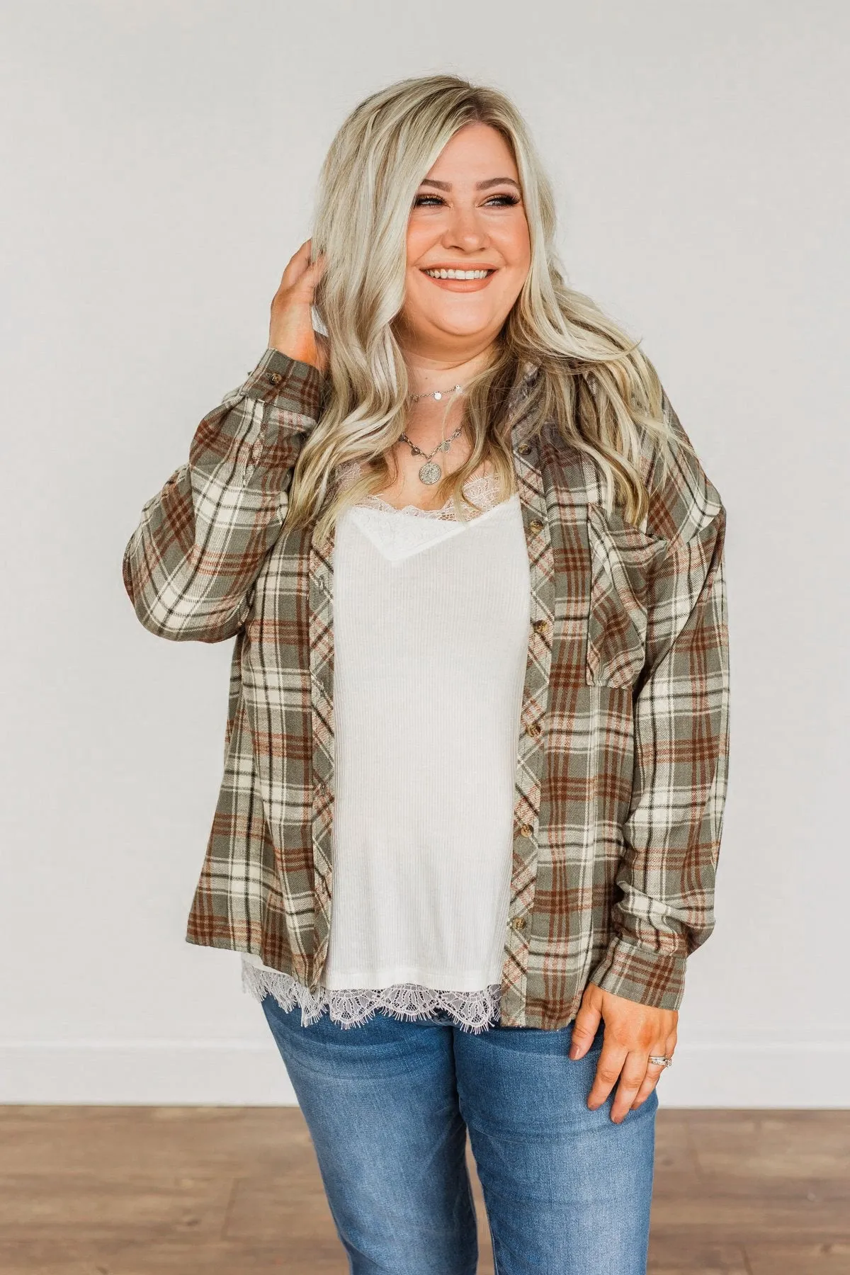 As The Leaves Turn Button Down Plaid Top- Dusty Olive & Rust