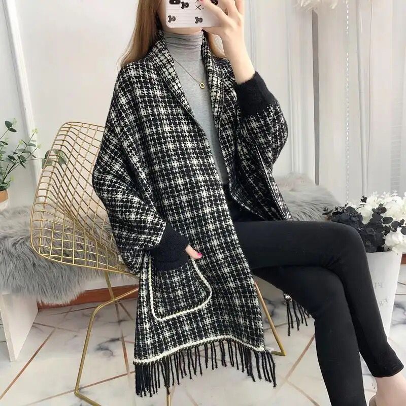 Autumn and winter new net red lazy style female shawl jacket mid-length imitation cashmere sweater pocket jacket women B-32250