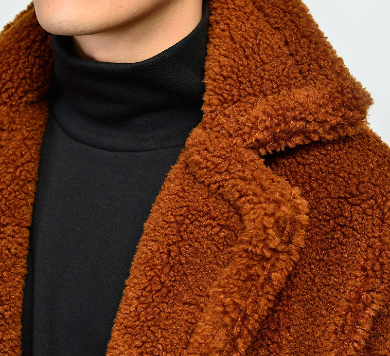 Brown Shearling Long Coats Mens Winter Outerwear Thick Fur Jackets Guy