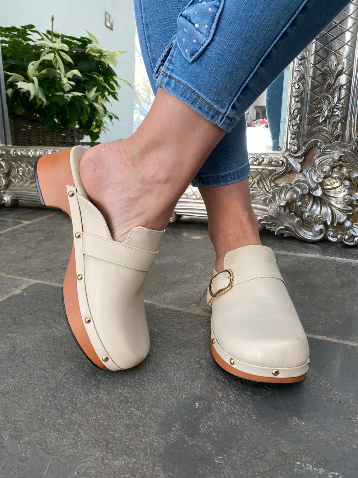 Buckle Leather Look Clogs