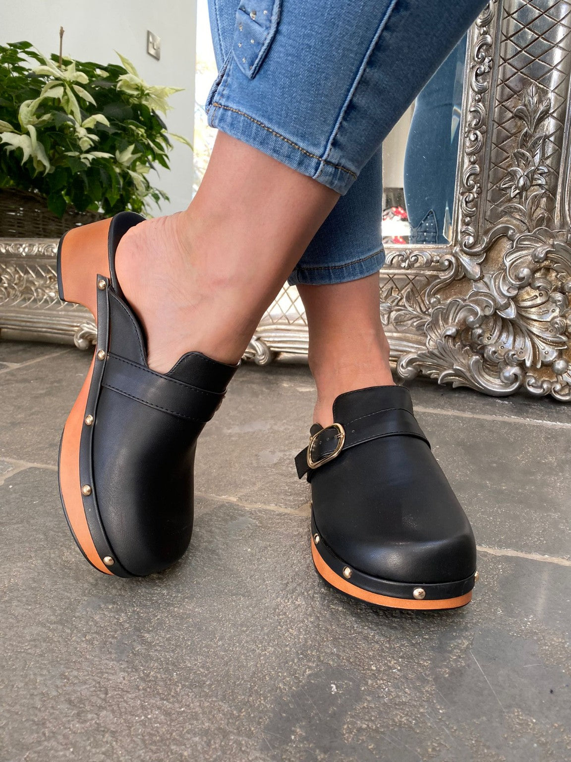 Buckle Leather Look Clogs