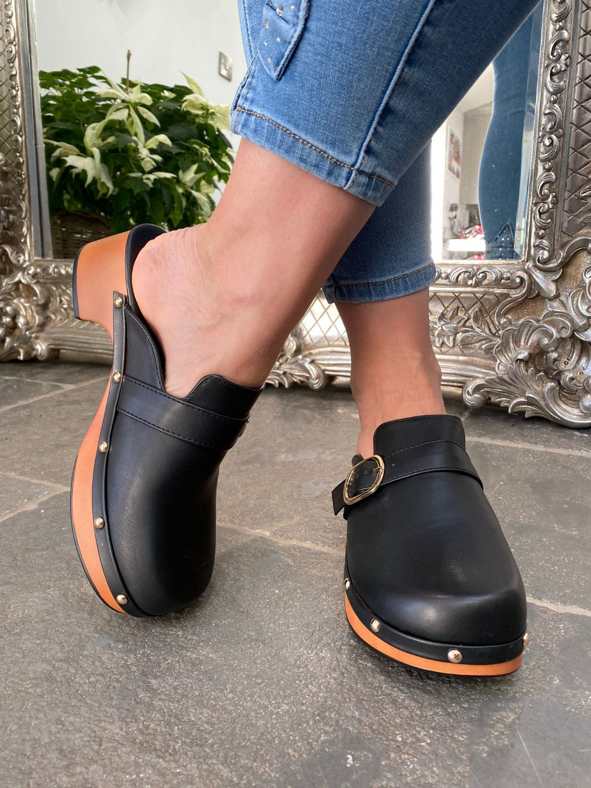 Buckle Leather Look Clogs