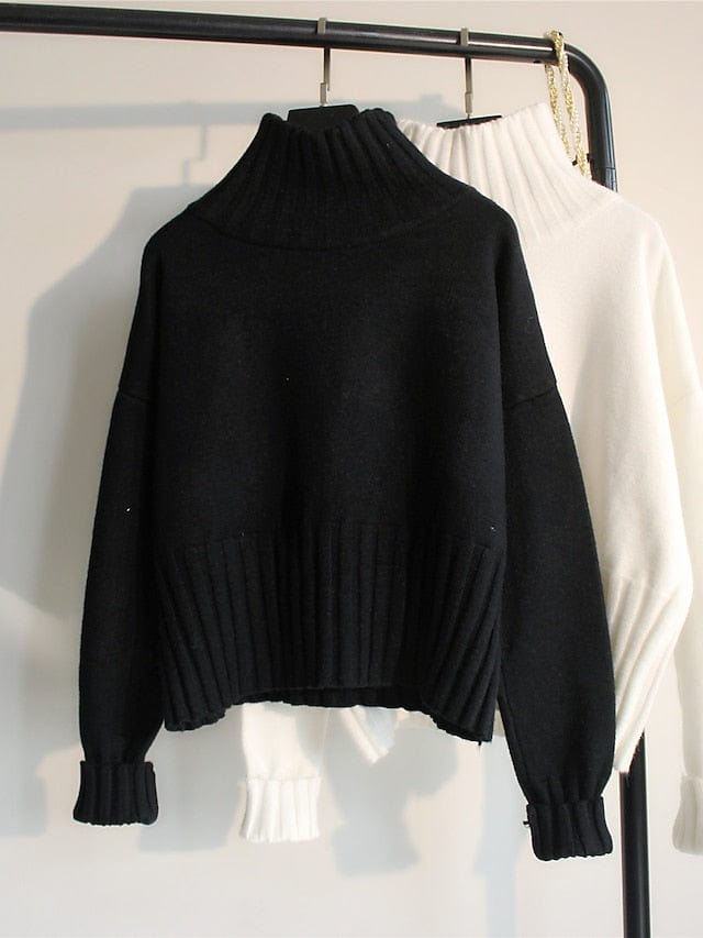 Cozy Women's Turtleneck Pullover Sweater - Black/White