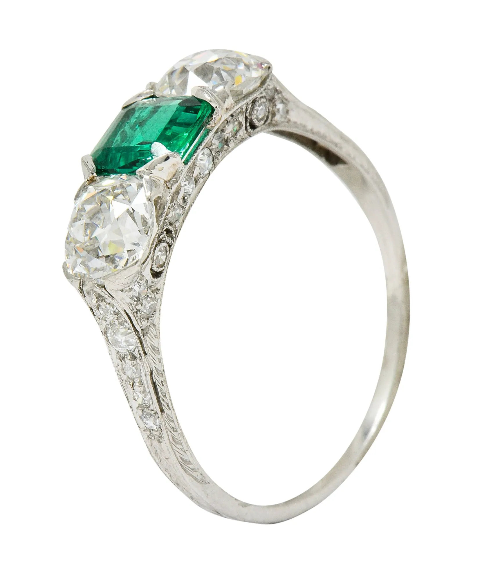 Edwardian 2.71 CTW Emerald Diamond Platinum Three Stone Ring Circa 1915