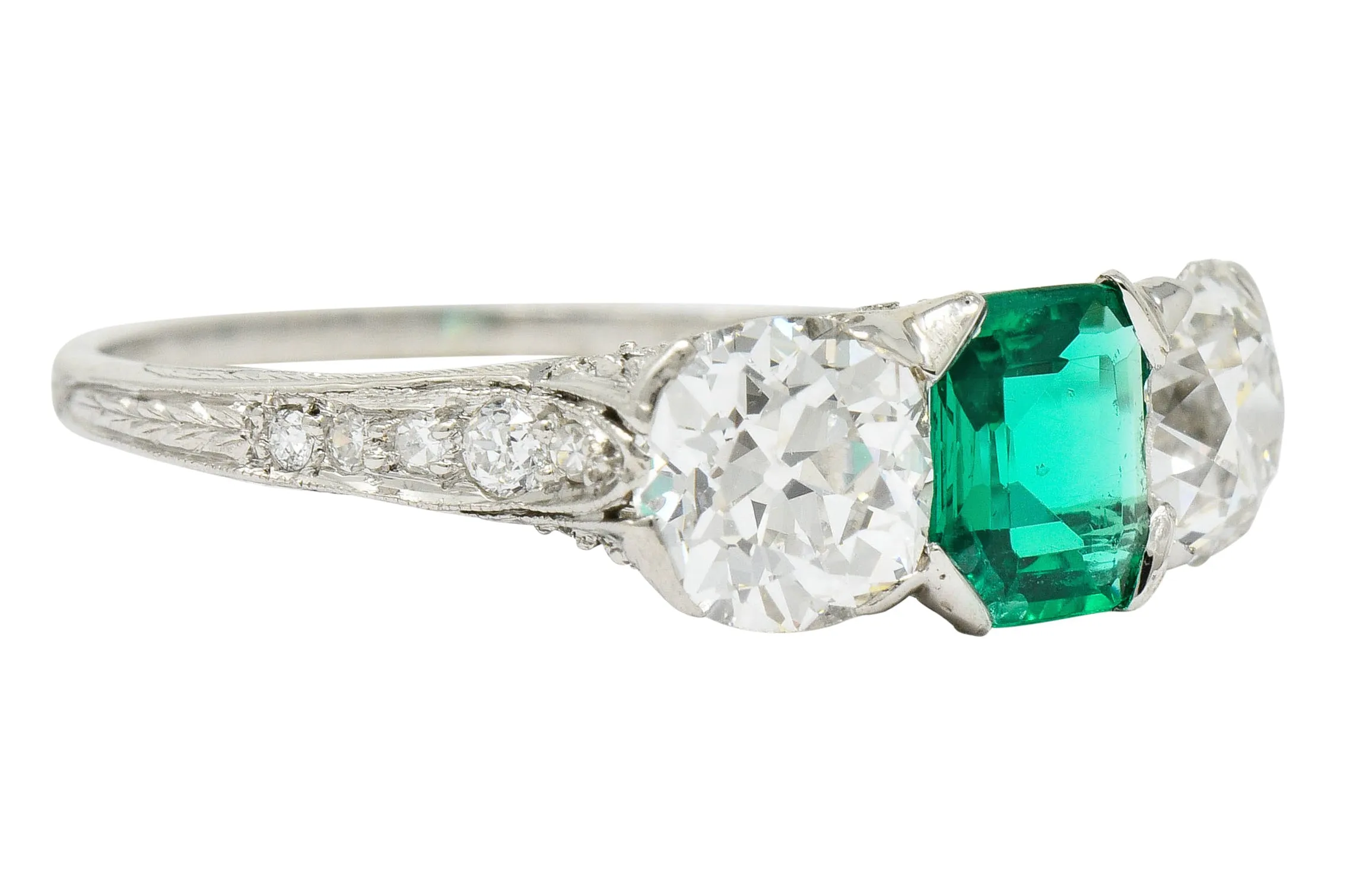 Edwardian 2.71 CTW Emerald Diamond Platinum Three Stone Ring Circa 1915