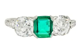 Edwardian 2.71 CTW Emerald Diamond Platinum Three Stone Ring Circa 1915