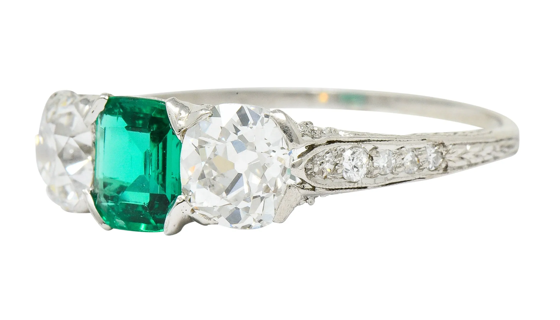 Edwardian 2.71 CTW Emerald Diamond Platinum Three Stone Ring Circa 1915