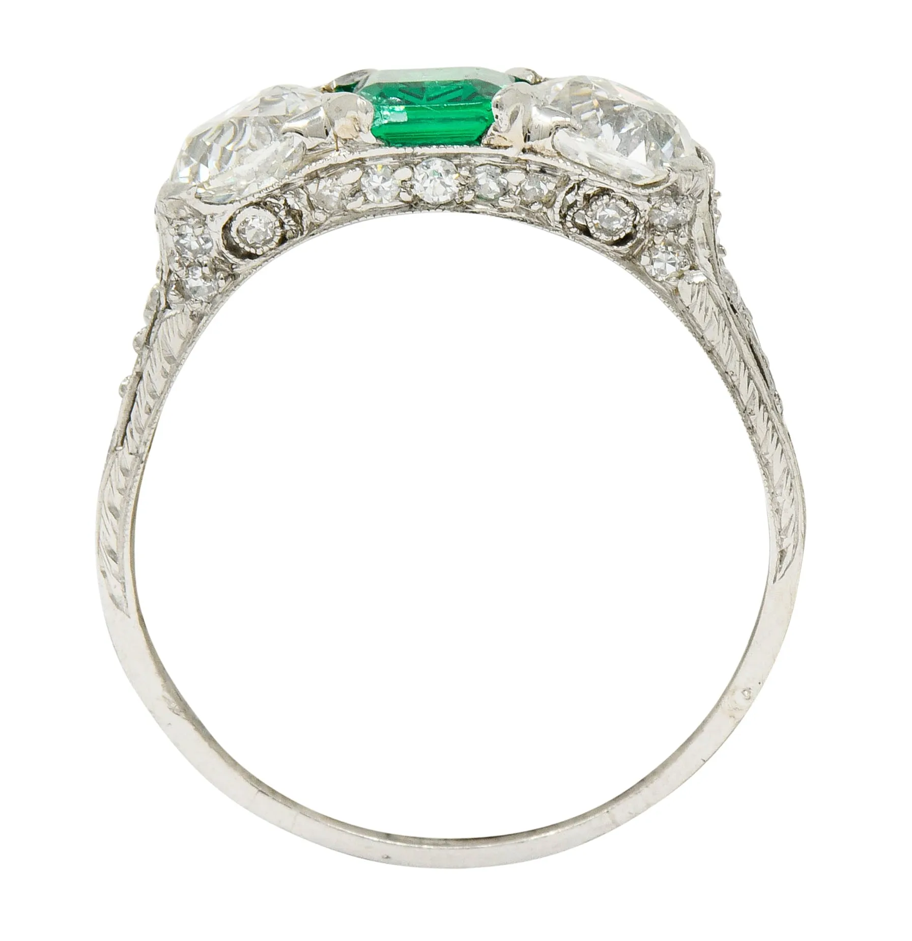 Edwardian 2.71 CTW Emerald Diamond Platinum Three Stone Ring Circa 1915