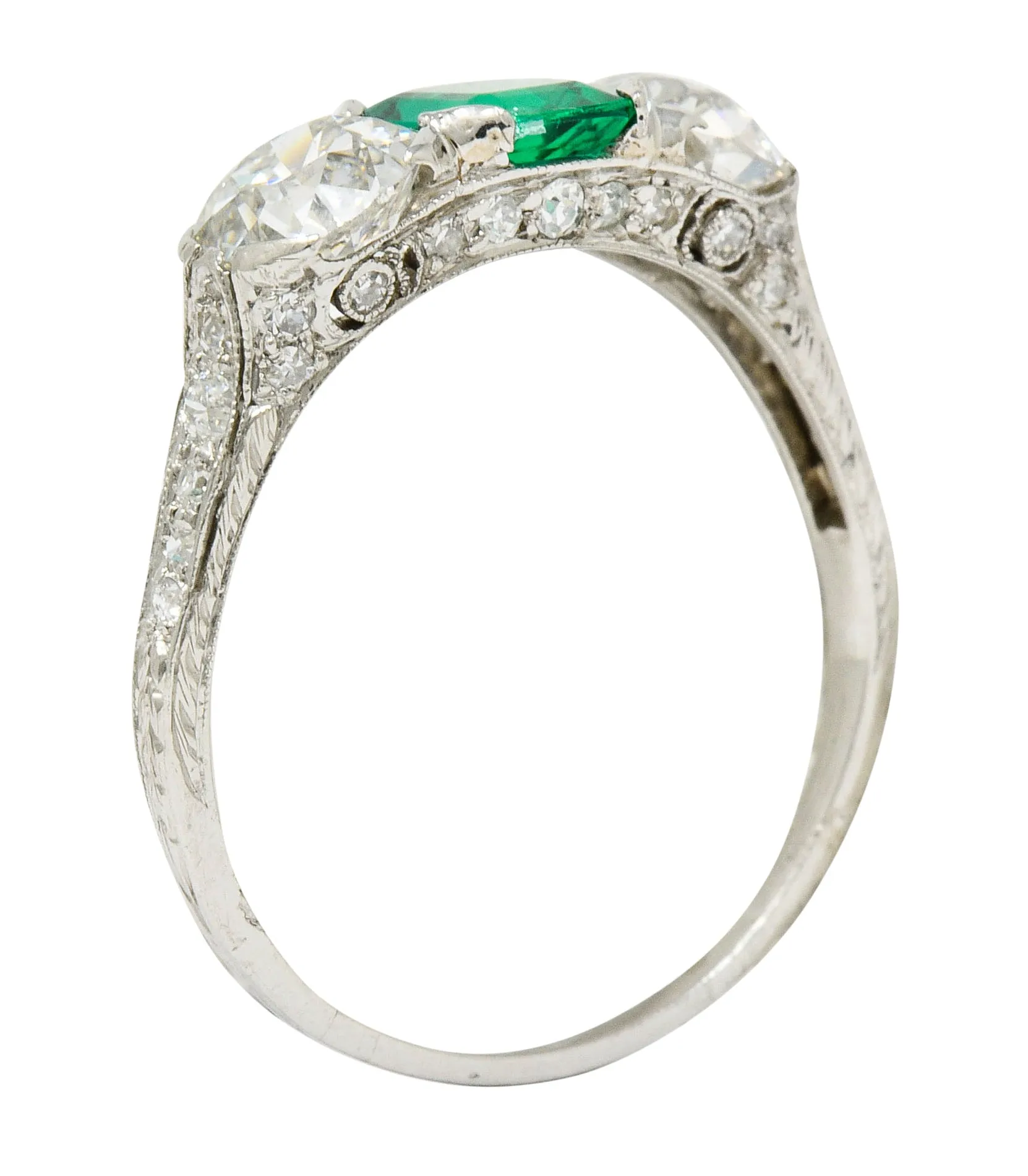 Edwardian 2.71 CTW Emerald Diamond Platinum Three Stone Ring Circa 1915