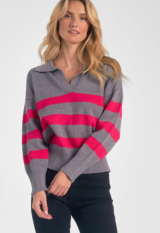 Elan - Collared V-Neck Sweater Grey Fucshia