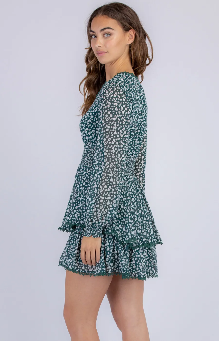 Floral V Neckline Dress with Shirred Waist and Trim Details (SDR812A)