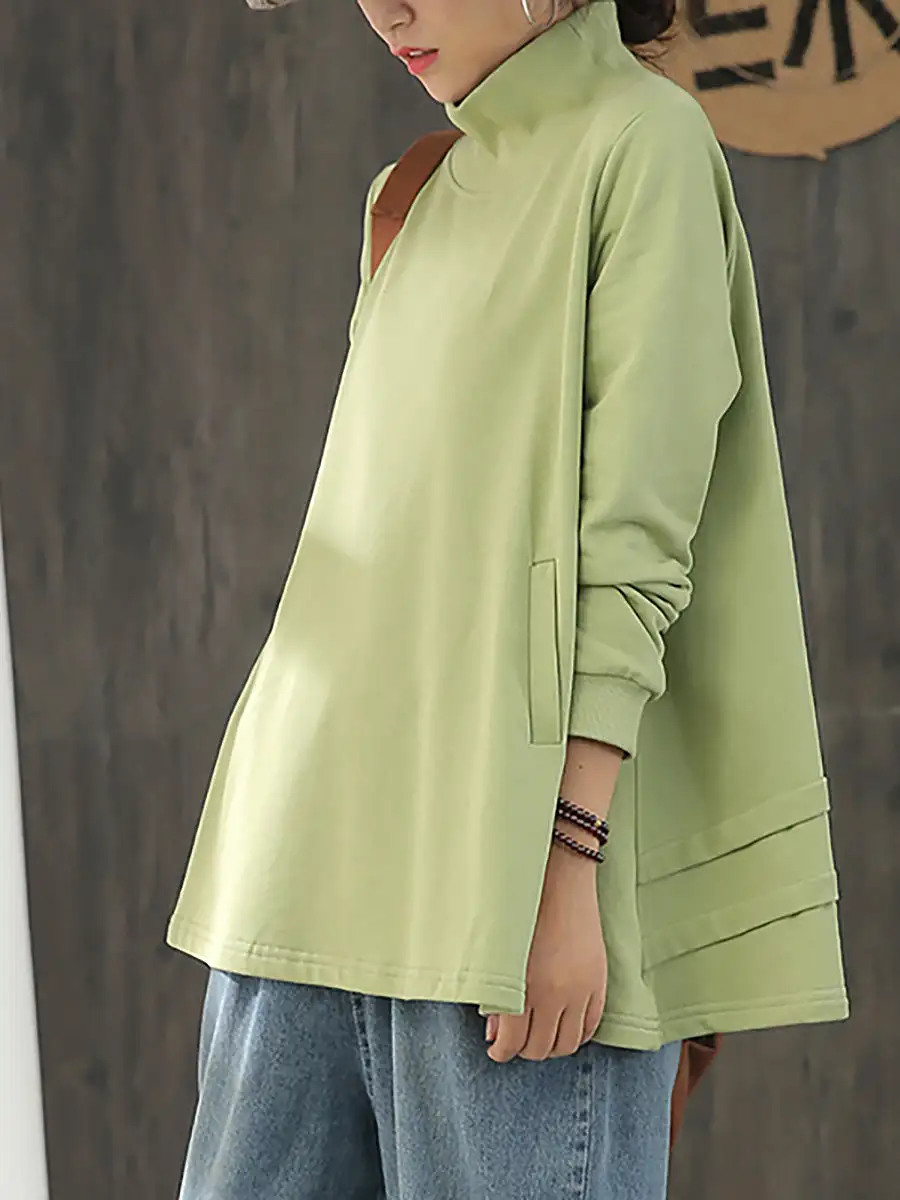 Hand-Made Turtleneck Pure Color Cotton Blouse