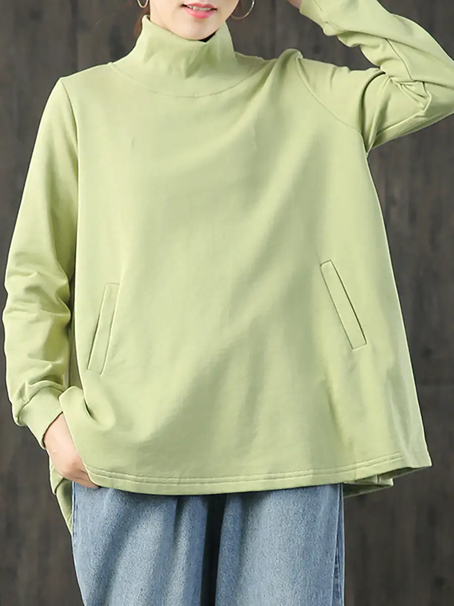 Hand-Made Turtleneck Pure Color Cotton Blouse