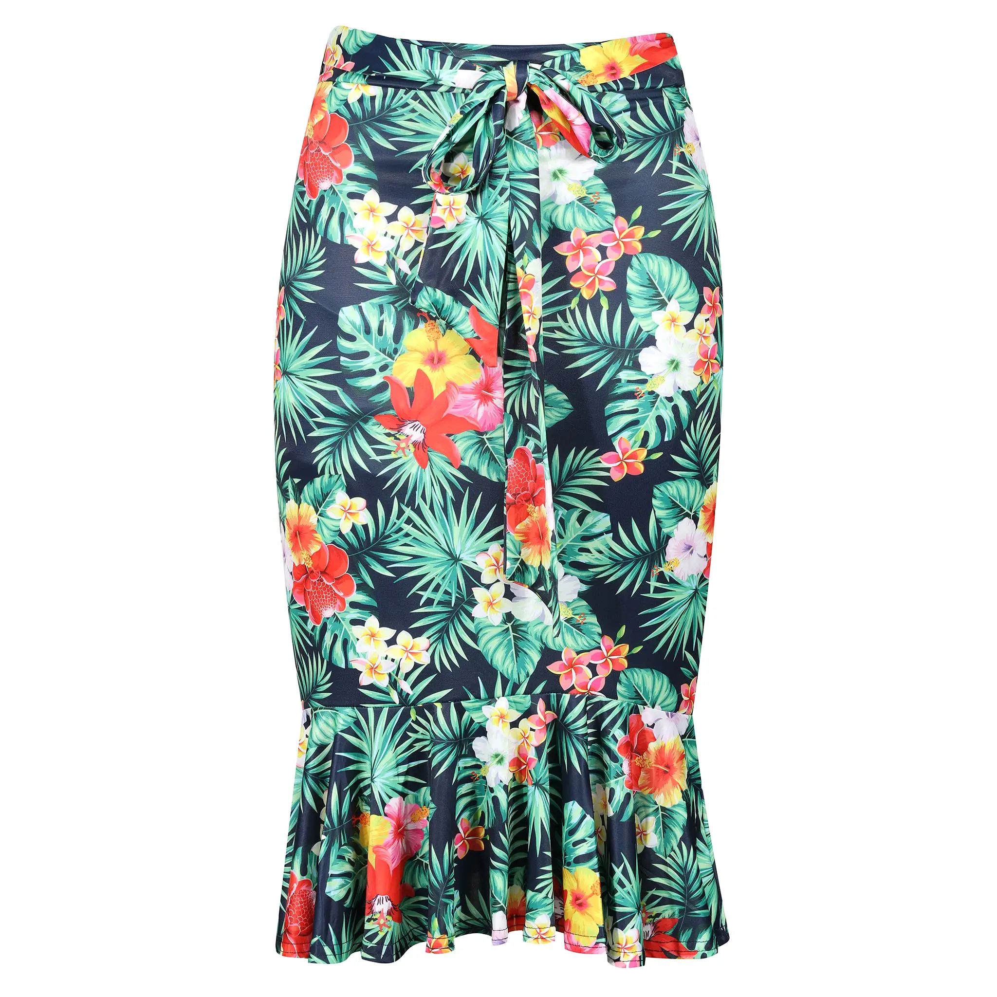 Hawaiian Print Ruffle Hem Tie belt Wiggle Skirt