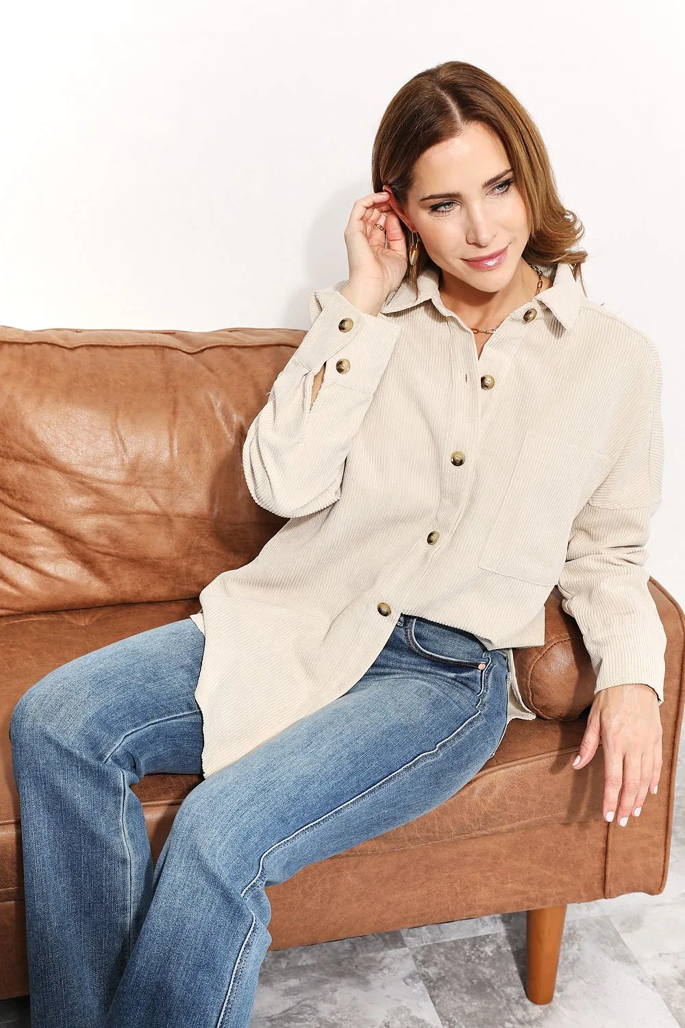 HEYSON Full Size Oversized Corduroy  Button-Down Tunic Shirt with Bust Pocket