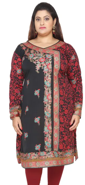 India Tunic Long Top Kurti Womens Plus Size Indian Clothes (Black)