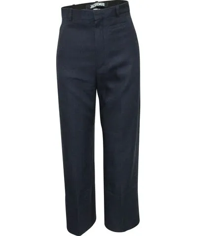 Jacquemus High-Waist Straight-Leg Pants in Navy Linen