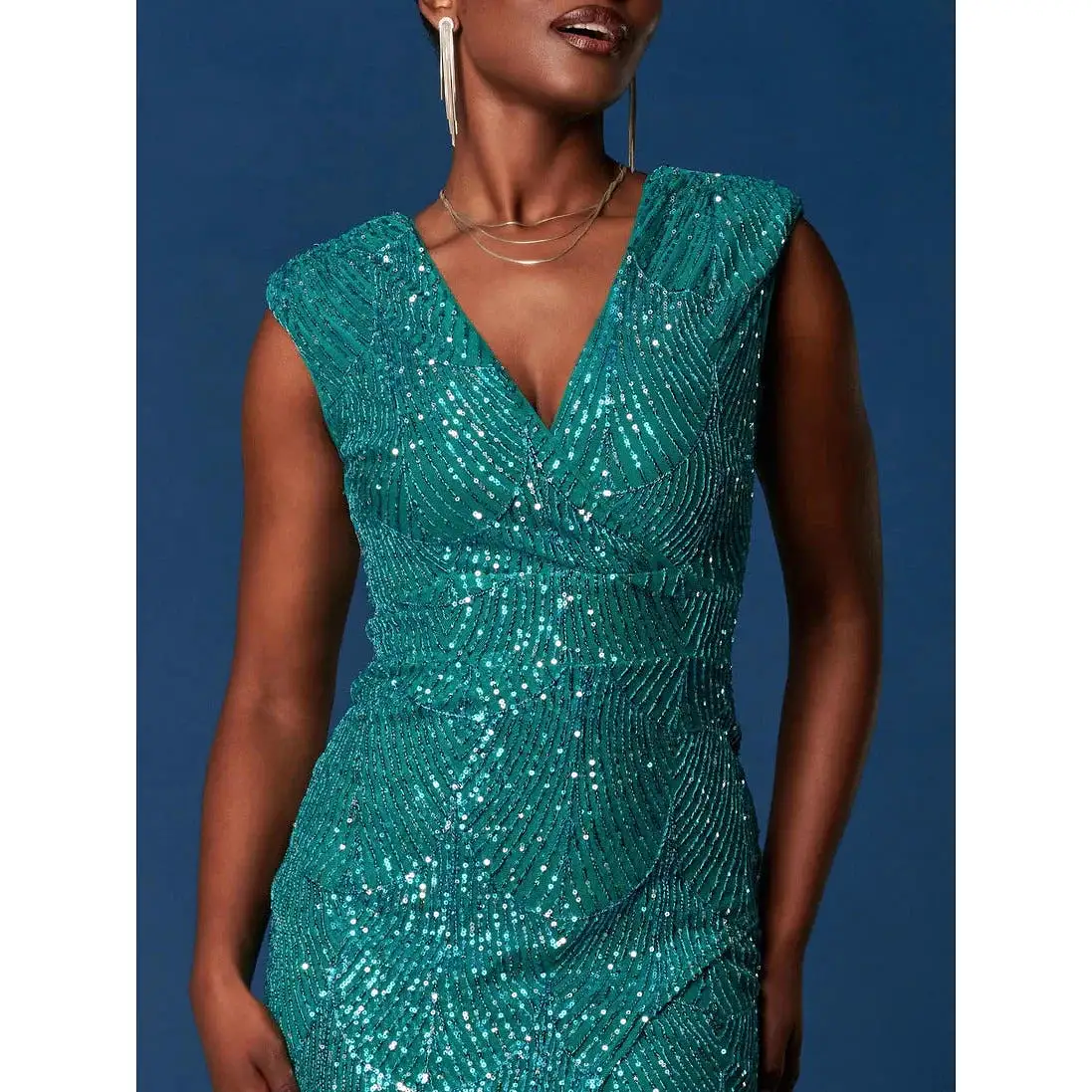 Jolie Moi Teal Green Sleeveless V Neck Split Skirt Sequin Wiggle Dress