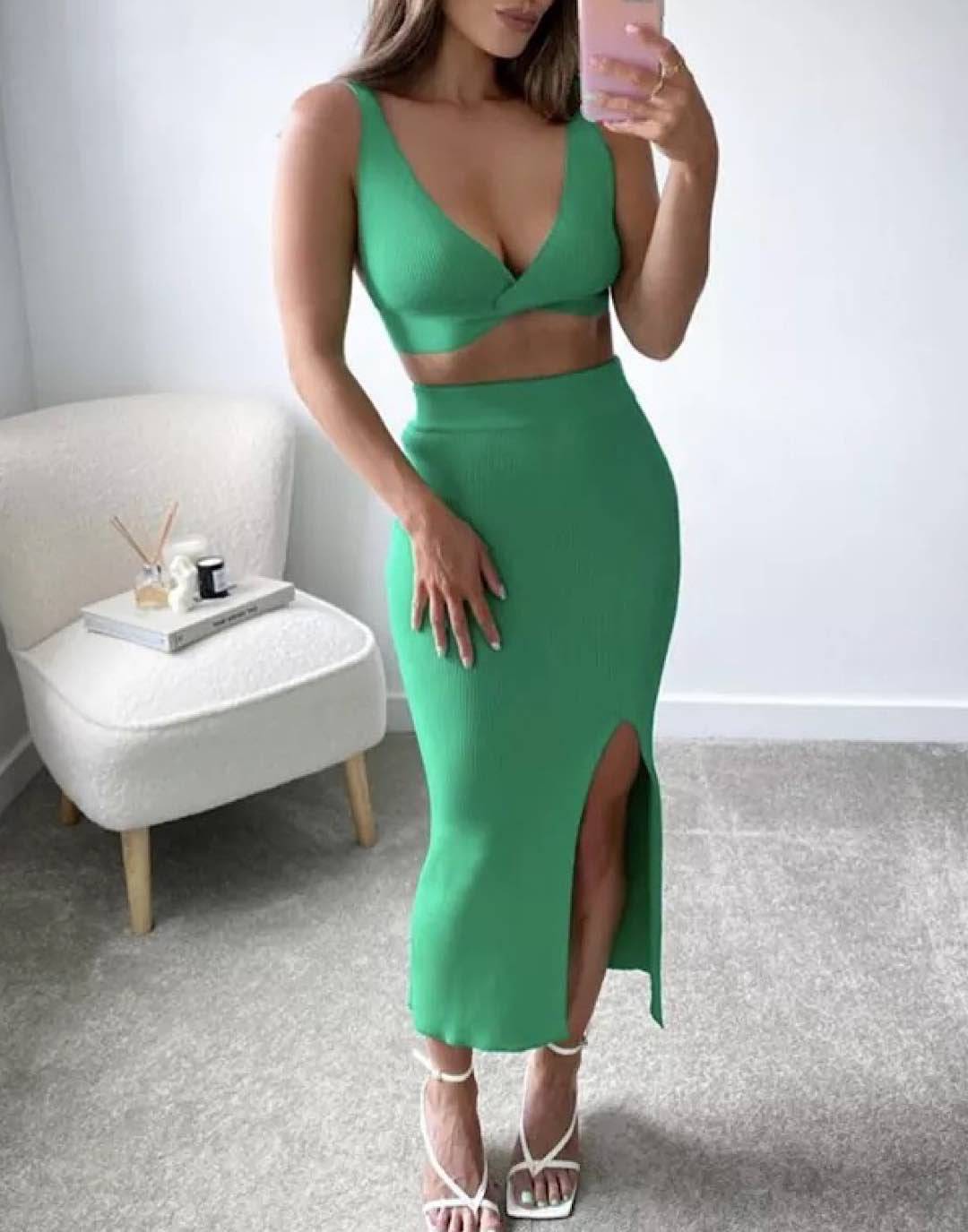 Knit Rib Bra Top Ankle Length Skirt Set