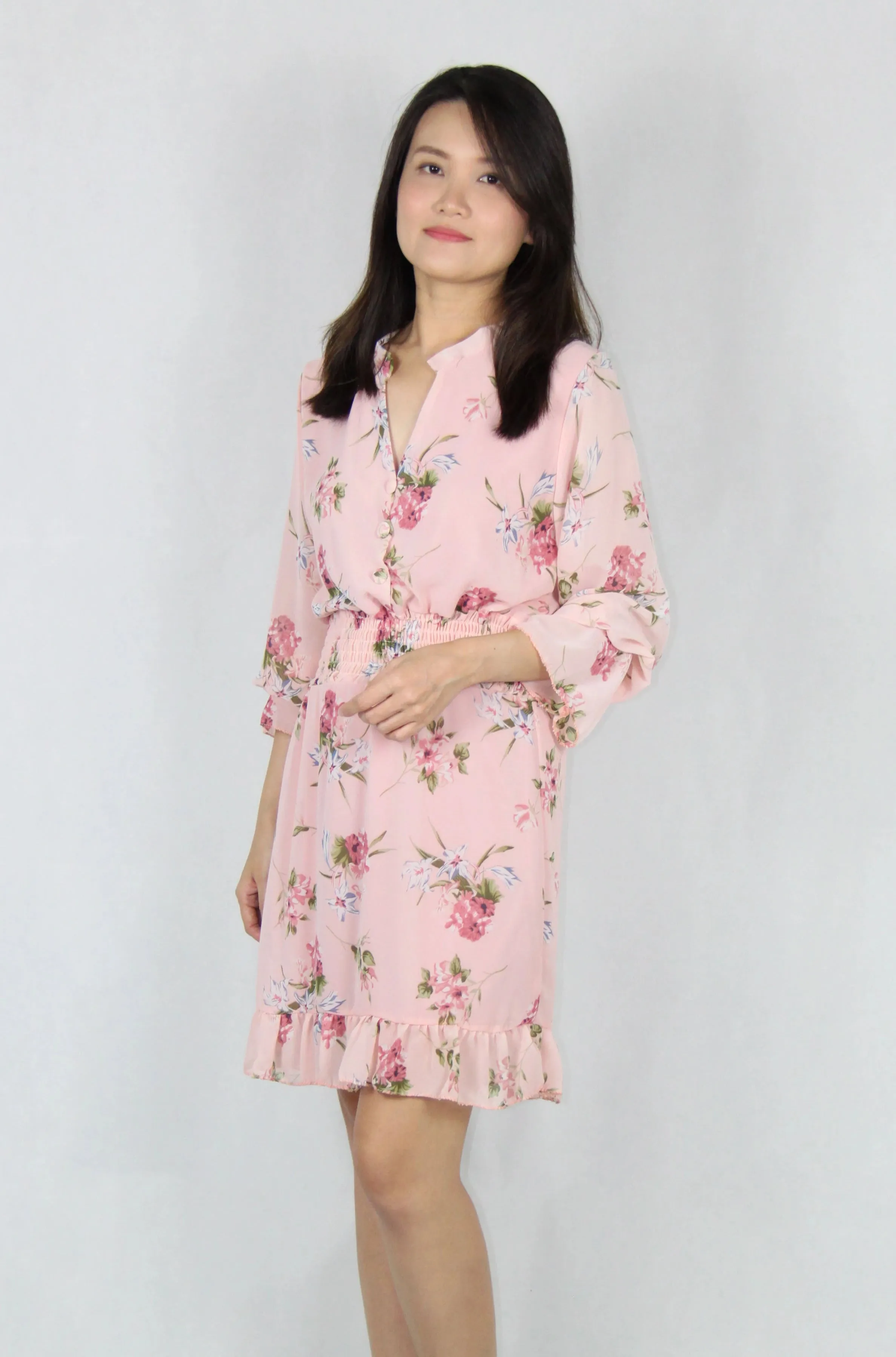 Long Bell Sleeve Floral Dress in Pink