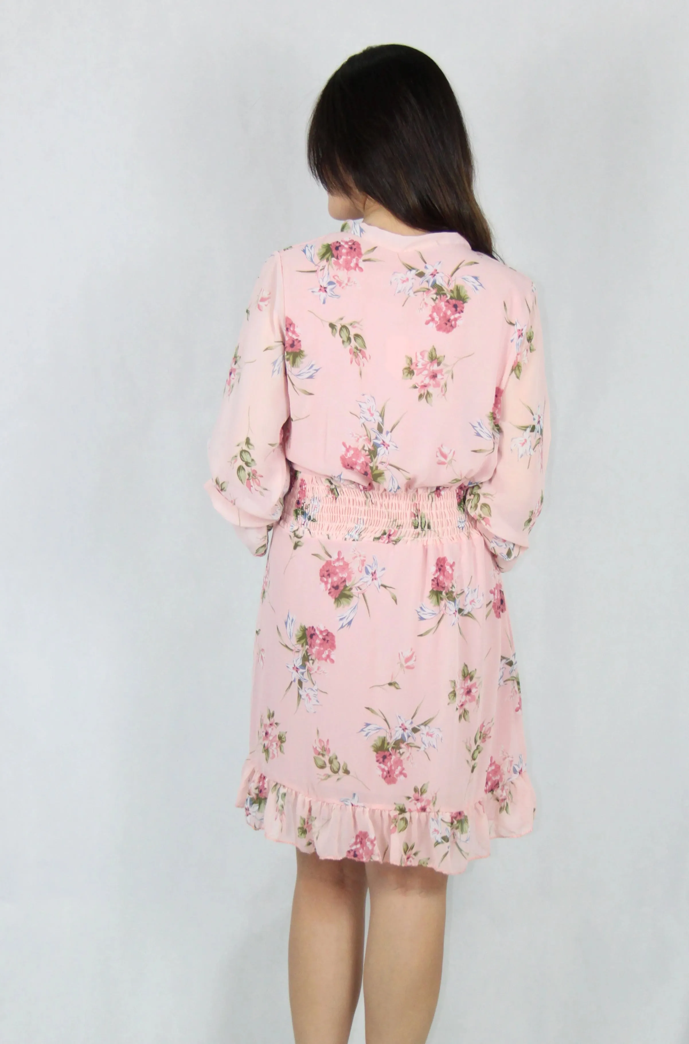 Long Bell Sleeve Floral Dress in Pink