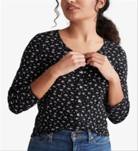 Lucky Brand Women's Printed Button Down Pointelle Top Black Size Small