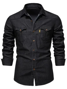 Men's Casual Solid Pattern Turn-down Collar Long Sleeve Cowboy Shirt