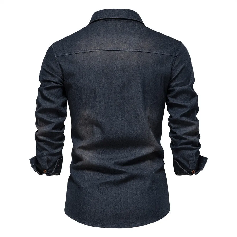 Men's Casual Solid Pattern Turn-down Collar Long Sleeve Cowboy Shirt