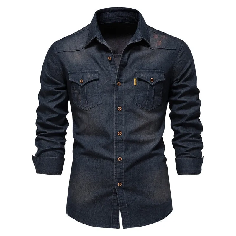 Men's Casual Solid Pattern Turn-down Collar Long Sleeve Cowboy Shirt