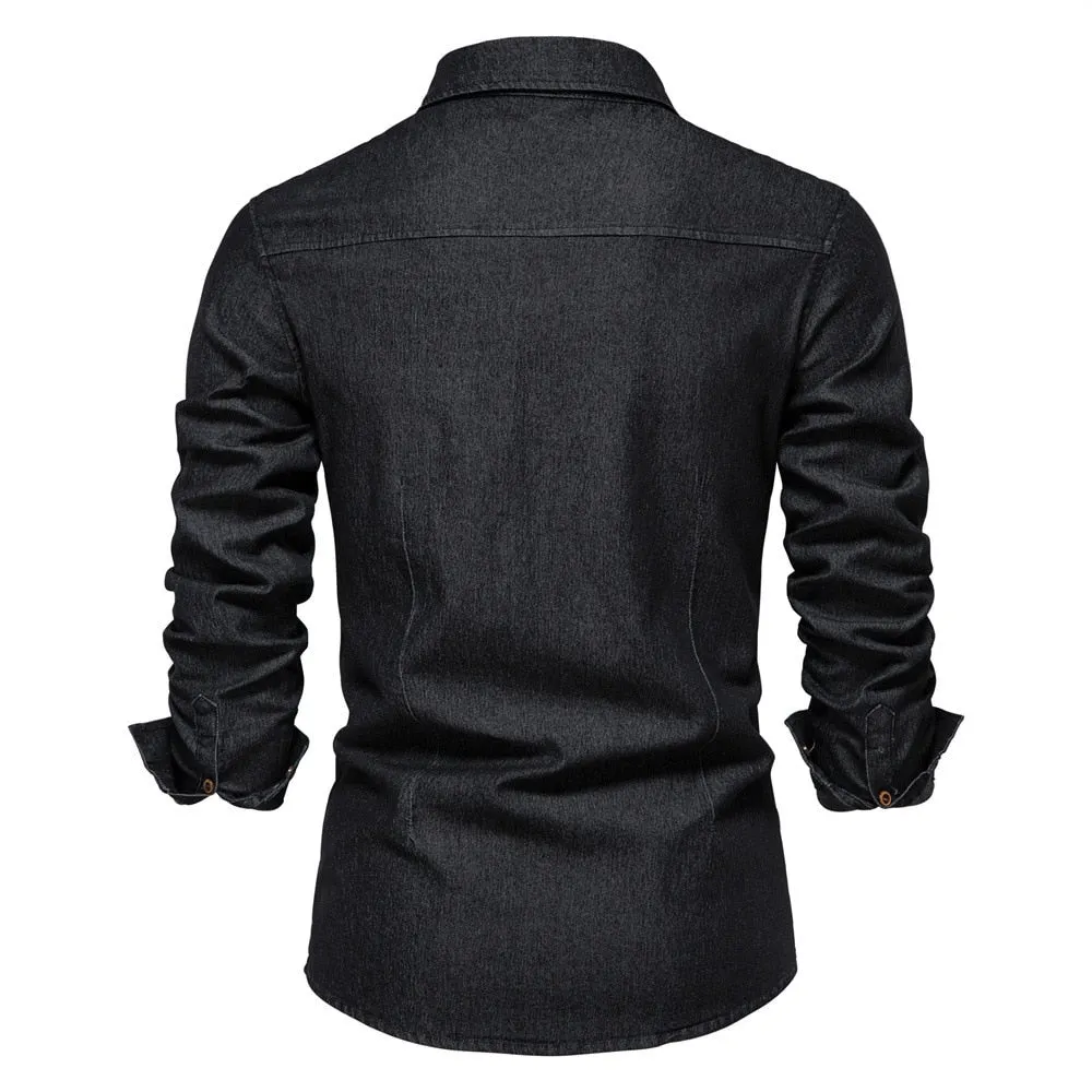 Men's Casual Solid Pattern Turn-down Collar Long Sleeve Cowboy Shirt