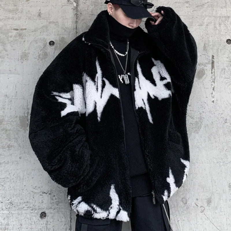 Men's Casual Winter Warm Letter Graffiti Full Sleeve Zipper Jacket Coats