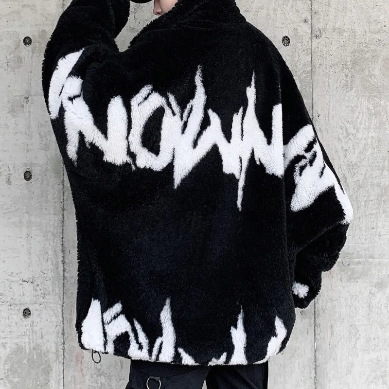 Men's Casual Winter Warm Letter Graffiti Full Sleeve Zipper Jacket Coats