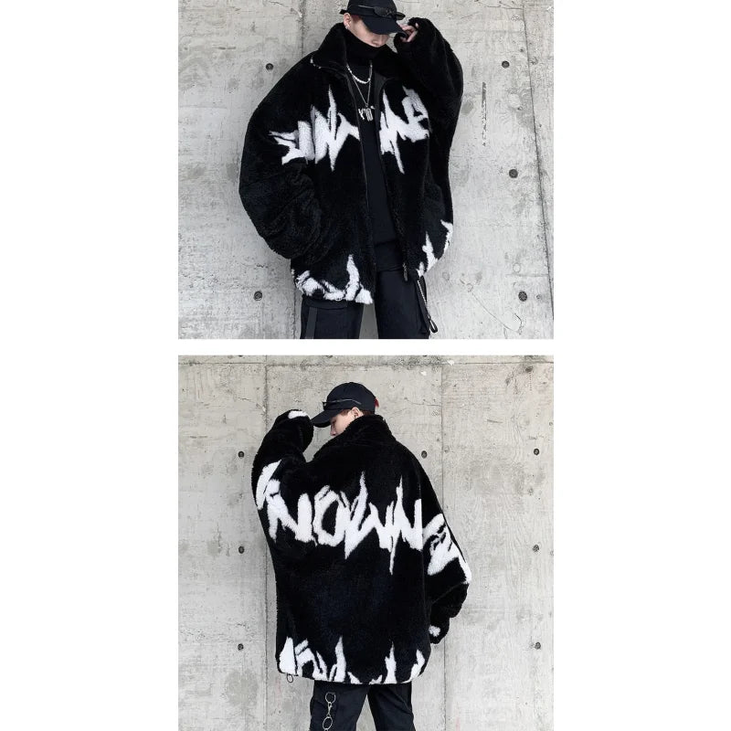 Men's Casual Winter Warm Letter Graffiti Full Sleeve Zipper Jacket Coats