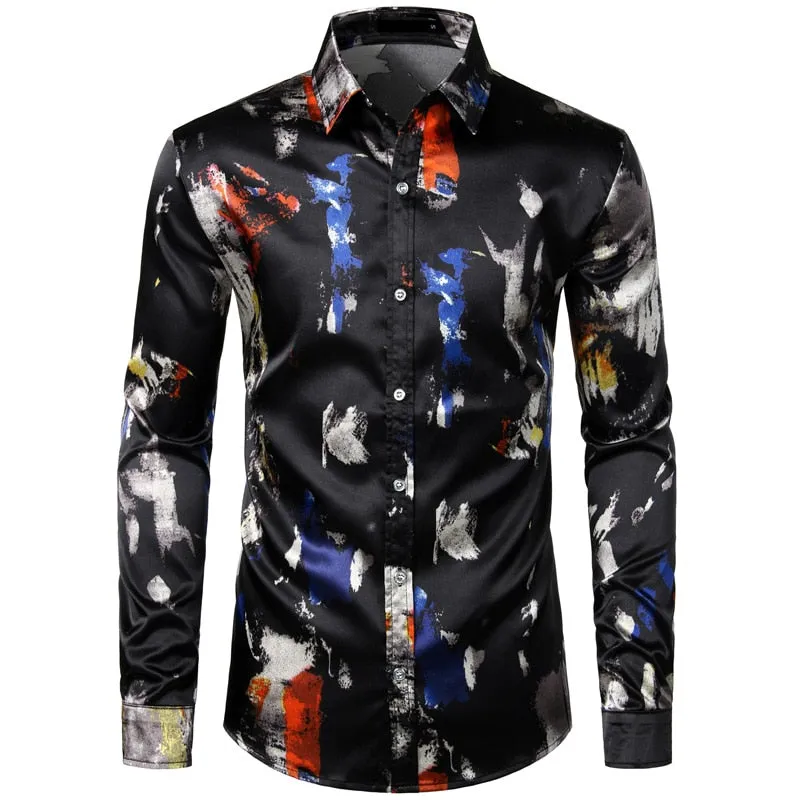 Men's Smooth Polyester Feather Print Long Sleeve Button Down Casual Shirt