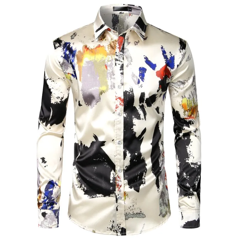 Men's Smooth Polyester Feather Print Long Sleeve Button Down Casual Shirt