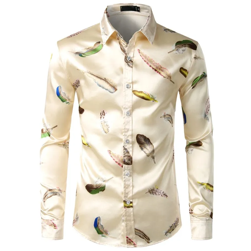 Men's Smooth Polyester Feather Print Long Sleeve Button Down Casual Shirt