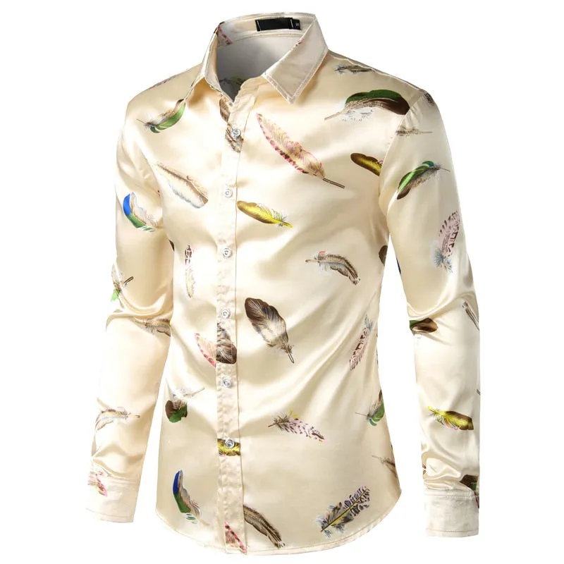 Men's Smooth Polyester Feather Print Long Sleeve Button Down Casual Shirt