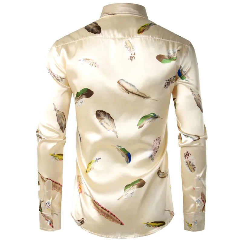 Men's Smooth Polyester Feather Print Long Sleeve Button Down Casual Shirt