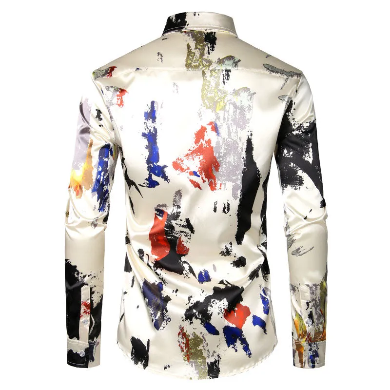 Men's Smooth Polyester Feather Print Long Sleeve Button Down Casual Shirt